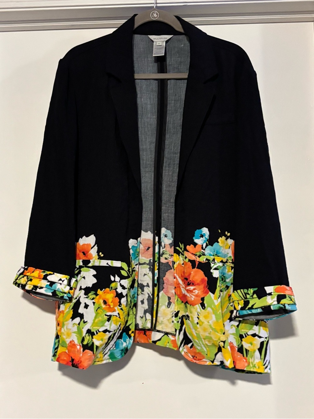 Multiples Black Open Blazer with Bright Floral Hem